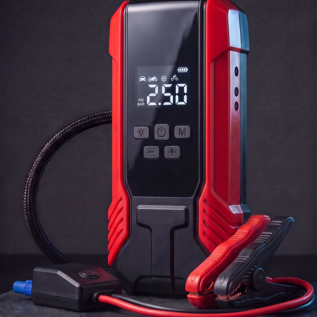 Illustration: red jump starter with digital pressure display, air hose and clamps