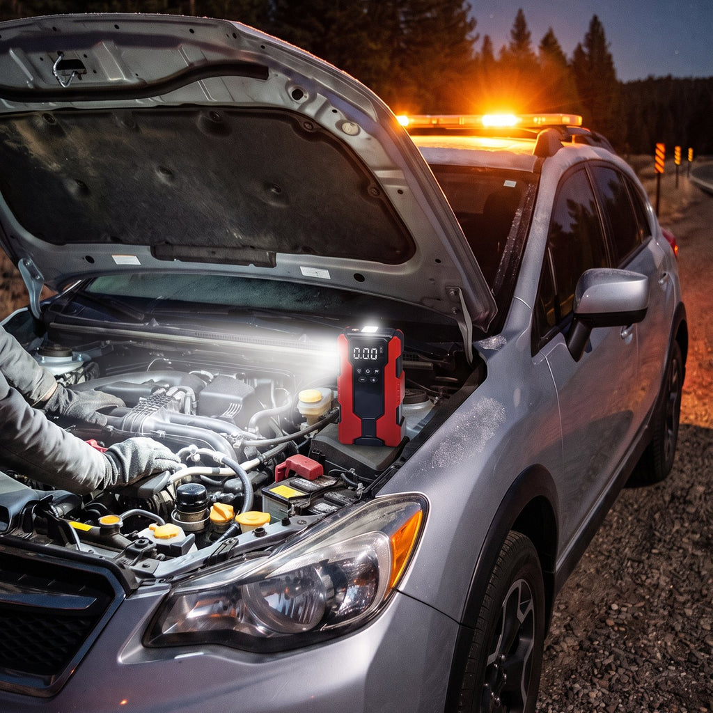 Illustration: the jump starter's built-in light shining into an engine bay at night