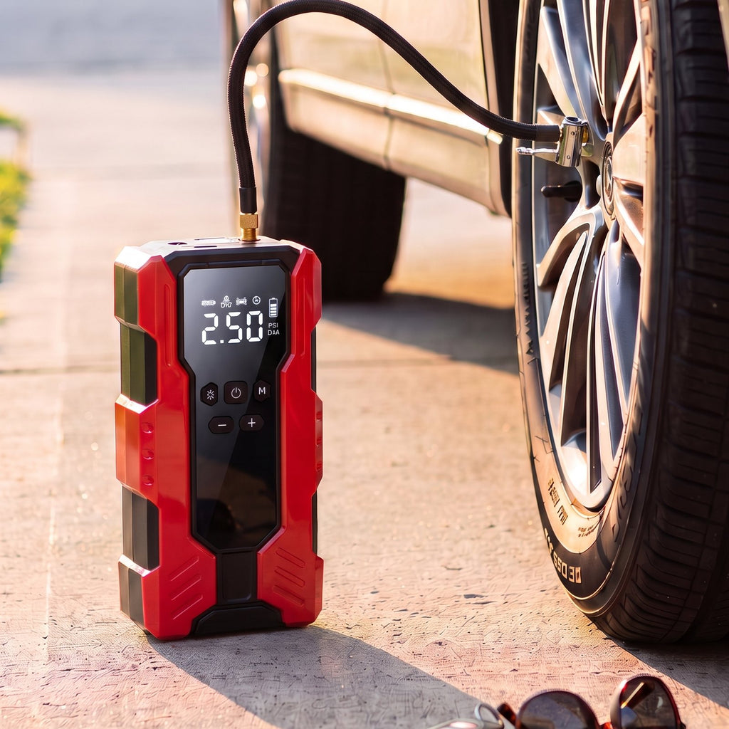 Illustration: red jump starter inflating a car tire through its air hose