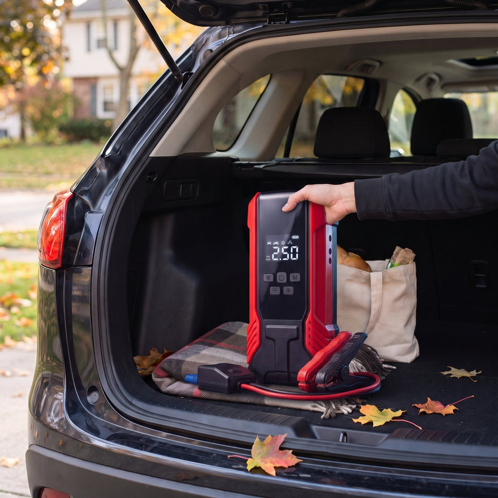 Illustration: red jump starter and its clamps in an SUV trunk