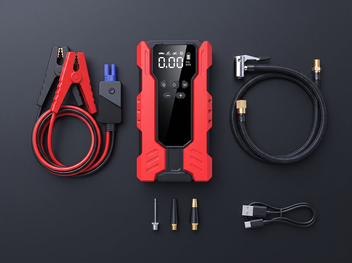 Illustration: jump starter, jump clamps, air hose, three nozzle adapters and USB cable laid out