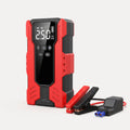 Illustration: red 12V jump starter and its jump clamps with an EC5 plug