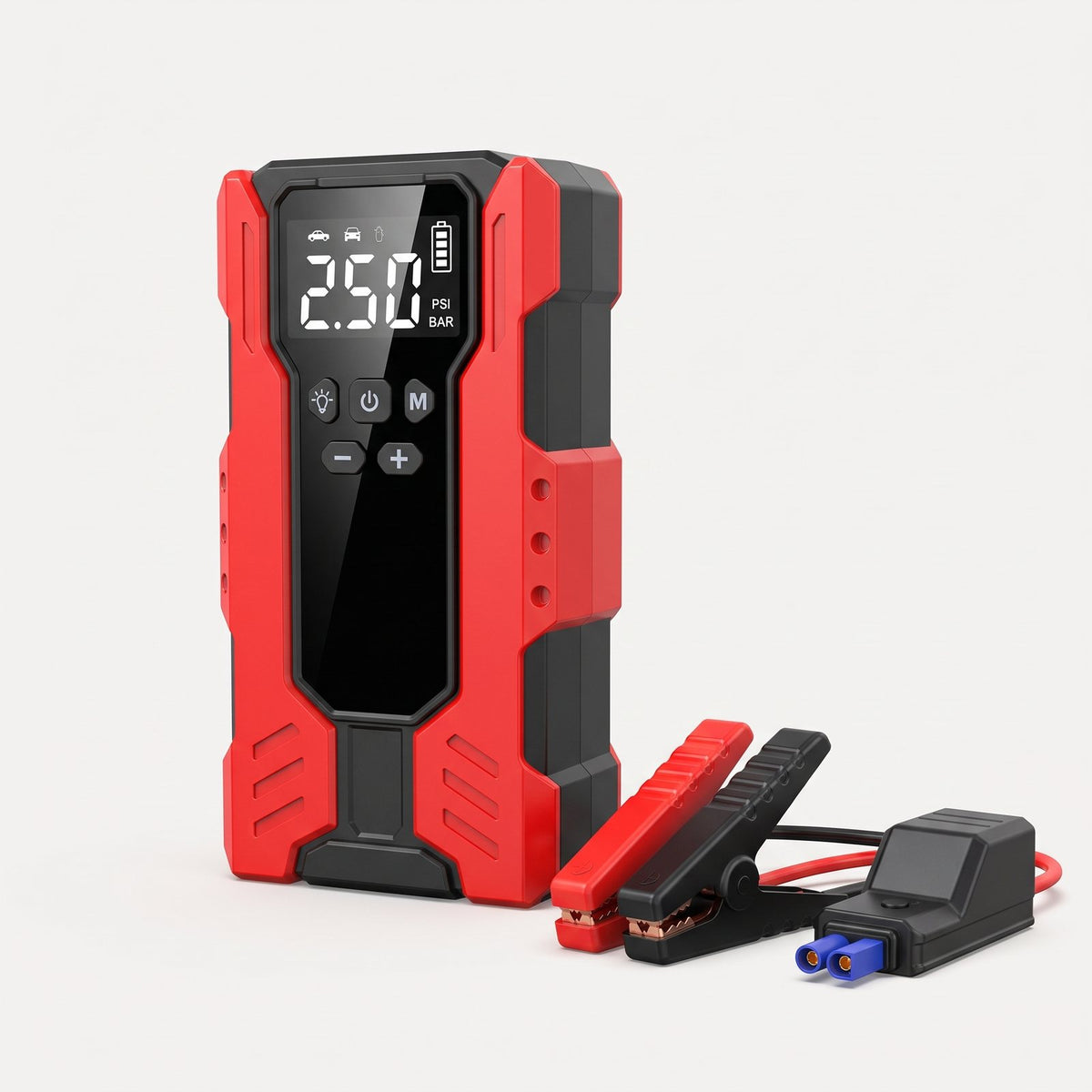 Illustration: red 12V jump starter and its jump clamps with an EC5 plug